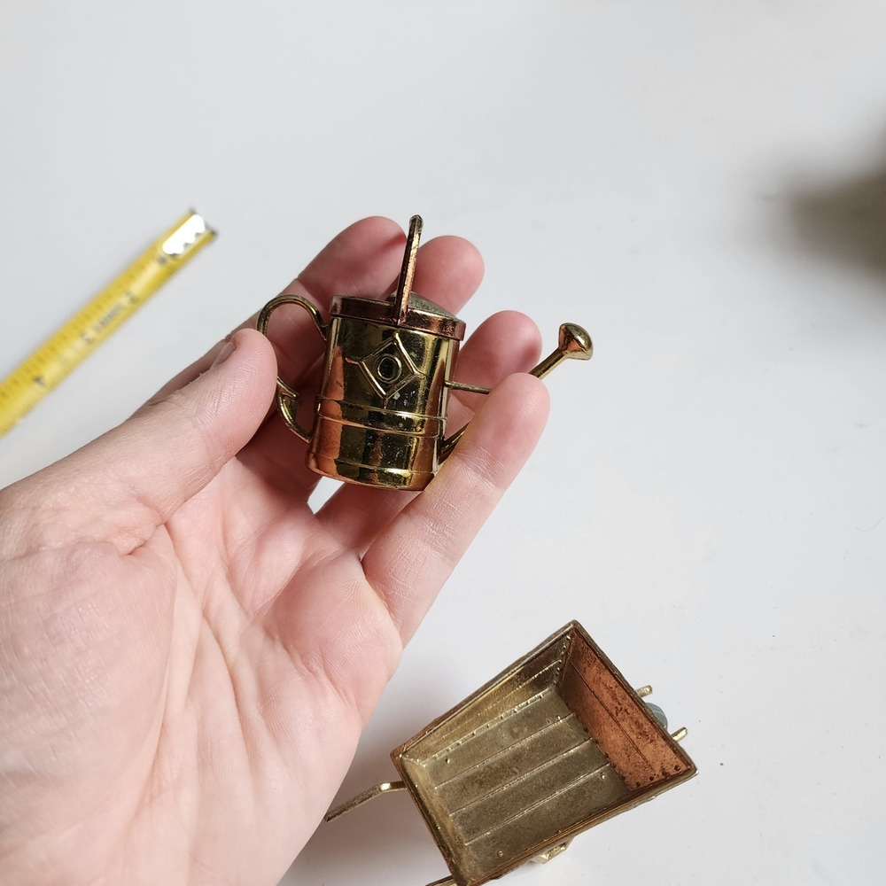 Miniature Brass Watering Can & Wheelbarrow Garden Decor Set Collectible - Picture 6 of 7
